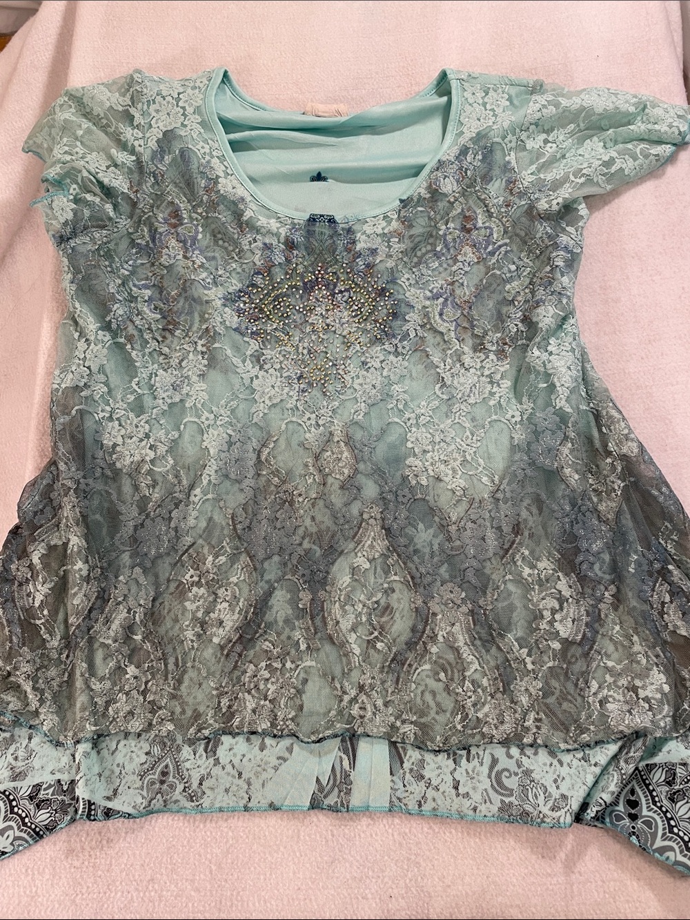 Brittany Black Mint Lace Short Sleeve Top with Beaded Detail
